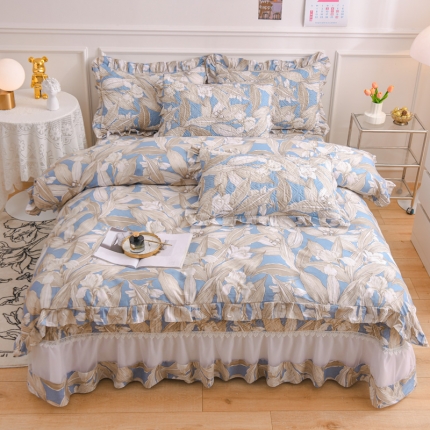 91家纺网 家纺一手货源 找家纺 2023仙女风欧根纱全棉床盖三件套蕾丝花边夹棉纯棉床单四件套