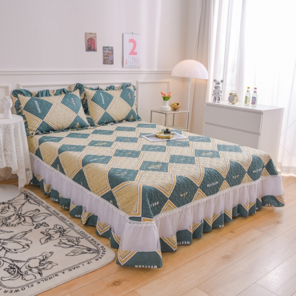 91家纺网 家纺一手货源 找家纺 公主风全棉蕾丝花边床盖四件套 欧根纱夹棉纯棉床单三件套全棉加棉套件