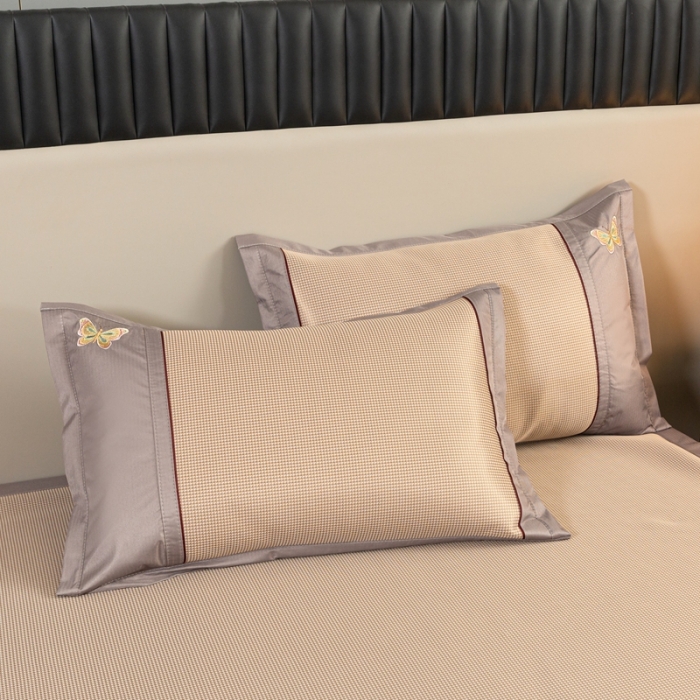 91家纺网 家纺一手货源 找家纺 简一2024新款小千鸟格蝶恋花系列抗菌凉席床笠款-蝶恋花抗菌席-咖色