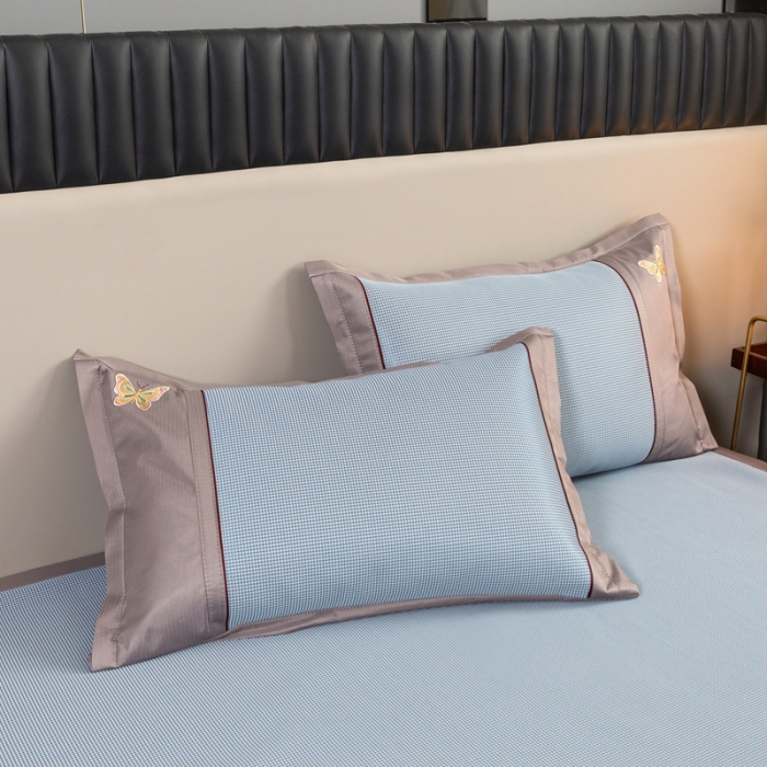 91家纺网 家纺一手货源 找家纺 简一2024新款小千鸟格蝶恋花系列抗菌凉席床笠款-蝶恋花抗菌席-蓝色