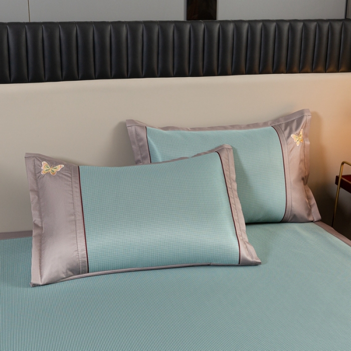 91家纺网 家纺一手货源 找家纺 简一2024新款小千鸟格蝶恋花系列抗菌凉席床笠款-蝶恋花抗菌席-绿色