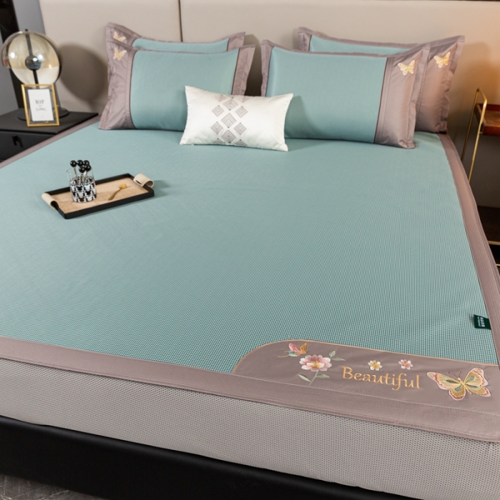 91家纺网 家纺一手货源 找家纺 简一2024新款小千鸟格蝶恋花系列抗菌凉席床笠款-蝶恋花抗菌席-绿色