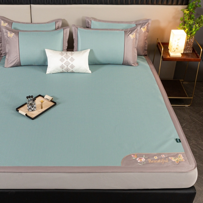 91家纺网 家纺一手货源 找家纺 简一2024新款小千鸟格蝶恋花系列抗菌凉席床笠款-蝶恋花抗菌席-绿色