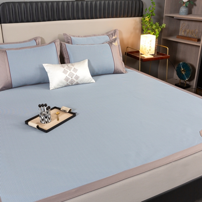 91家纺网 家纺一手货源 找家纺 简一2024新款小千鸟格蝶恋花系列抗菌凉席床笠款-蝶恋花抗菌席-蓝色