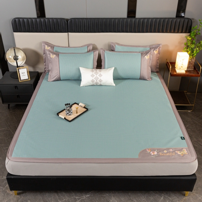 91家纺网 家纺一手货源 找家纺 简一2024新款小千鸟格蝶恋花系列抗菌凉席床笠款-蝶恋花抗菌席-绿色