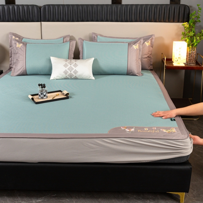 91家纺网 家纺一手货源 找家纺 简一2024新款小千鸟格蝶恋花系列抗菌凉席床笠款-蝶恋花抗菌席-绿色