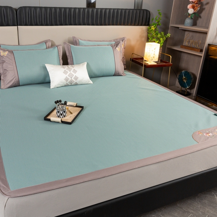 91家纺网 家纺一手货源 找家纺 简一2024新款小千鸟格蝶恋花系列抗菌凉席床笠款-蝶恋花抗菌席-绿色