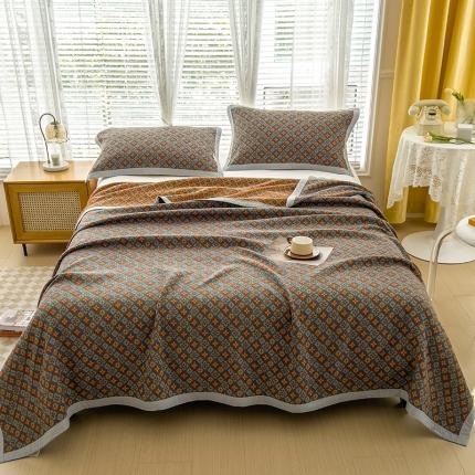 91家纺网 家纺一手货源 找家纺 棠薇 2023新款包边款三层细纱毛巾被 清新花开 蓝桔