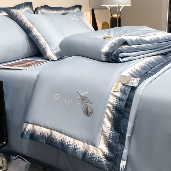 91家纺网 家纺一手货源 找家纺 露梦家纺 大牌轻奢款水洗真丝刺绣数码宽边夏被四件套-羽墨 羽墨-海青