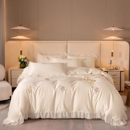 91家纺网 家纺一手货源 找家纺 菲儿家纺 2023新款郁金香系列水洗真丝刺绣四件套 郁金香-白