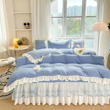 91家纺网 家纺一手货源 找家纺 （总）言熙居 2023新款A类清新风棉麻双层纱直播爆款床裙四件套