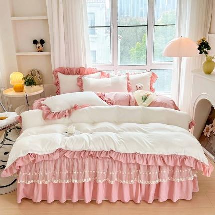 91家纺网 家纺一手货源 找家纺 （总）言熙居 2023新款A类清新风棉麻双层纱直播爆款床裙四件套