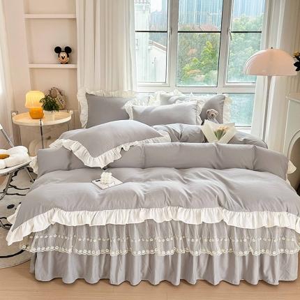 91家纺网 家纺一手货源 找家纺 （总）言熙居 2023新款A类清新风棉麻双层纱直播爆款床裙四件套