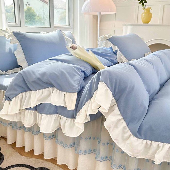 91家纺网 家纺一手货源 找家纺 言熙居 2023新款A类清新风床裙四件套 碧柔蓝