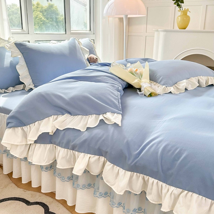 91家纺网 家纺一手货源 找家纺 言熙居 2023新款A类清新风床裙四件套 碧柔蓝