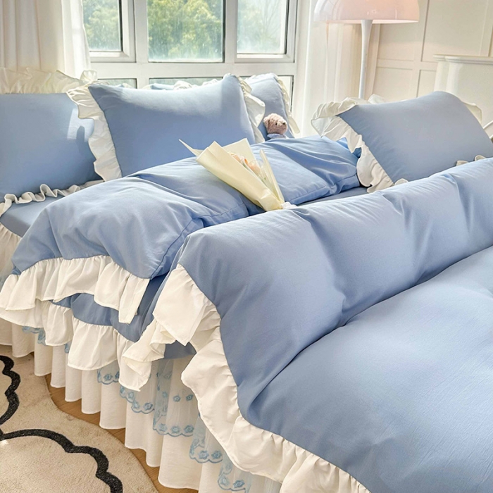 91家纺网 家纺一手货源 找家纺 言熙居 2023新款A类清新风床裙四件套 碧柔蓝
