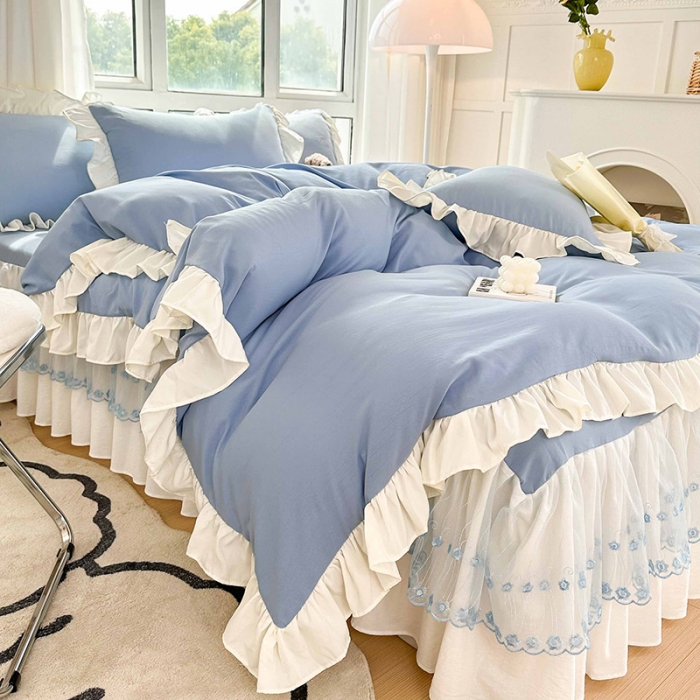 91家纺网 家纺一手货源 找家纺 言熙居 2023新款A类清新风床裙四件套 碧柔蓝