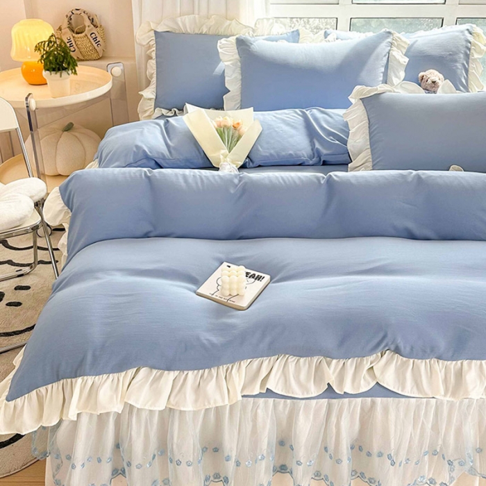 91家纺网 家纺一手货源 找家纺 言熙居 2023新款A类清新风床裙四件套 碧柔蓝