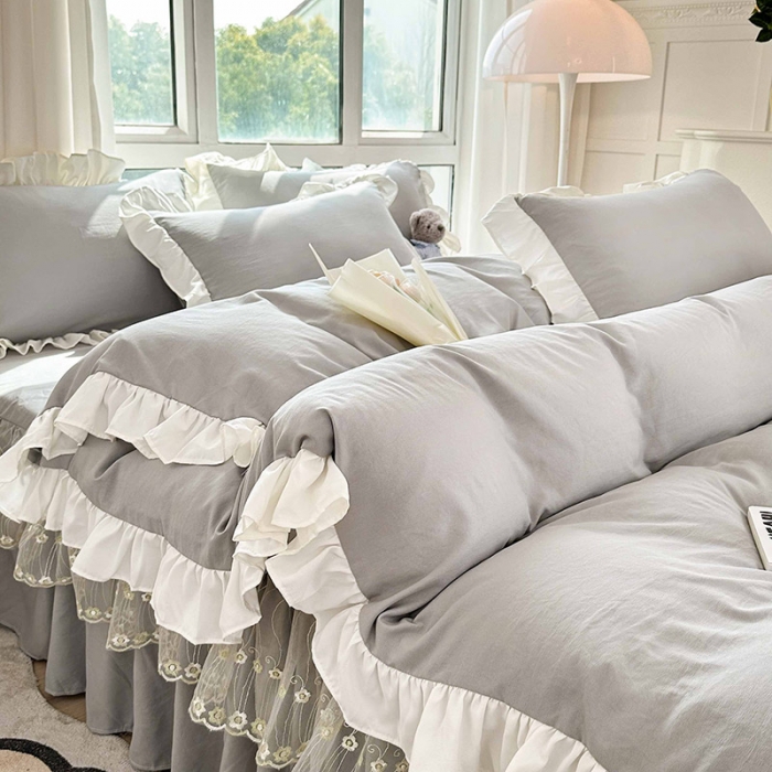 91家纺网 家纺一手货源 找家纺 言熙居 2023新款A类清新风床裙四件套 星辰灰