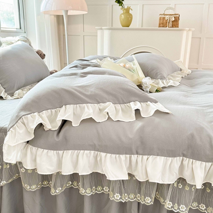 91家纺网 家纺一手货源 找家纺 言熙居 2023新款A类清新风床裙四件套 星辰灰