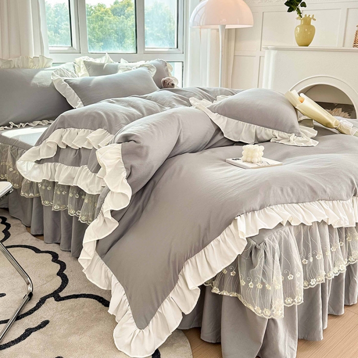 91家纺网 家纺一手货源 找家纺 言熙居 2023新款A类清新风床裙四件套 星辰灰