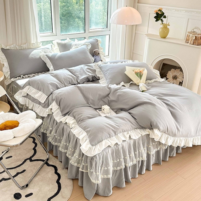 91家纺网 家纺一手货源 找家纺 言熙居 2023新款A类清新风床裙四件套 星辰灰