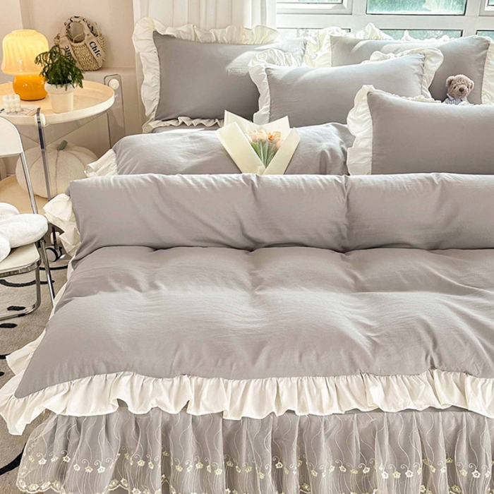 91家纺网 家纺一手货源 找家纺 言熙居 2023新款A类清新风床裙四件套 星辰灰