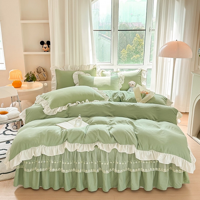 91家纺网 家纺一手货源 找家纺 言熙居 2023新款A类清新风床裙四件套 云水绿