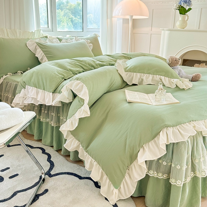 91家纺网 家纺一手货源 找家纺 言熙居 2023新款A类清新风床裙四件套 云水绿