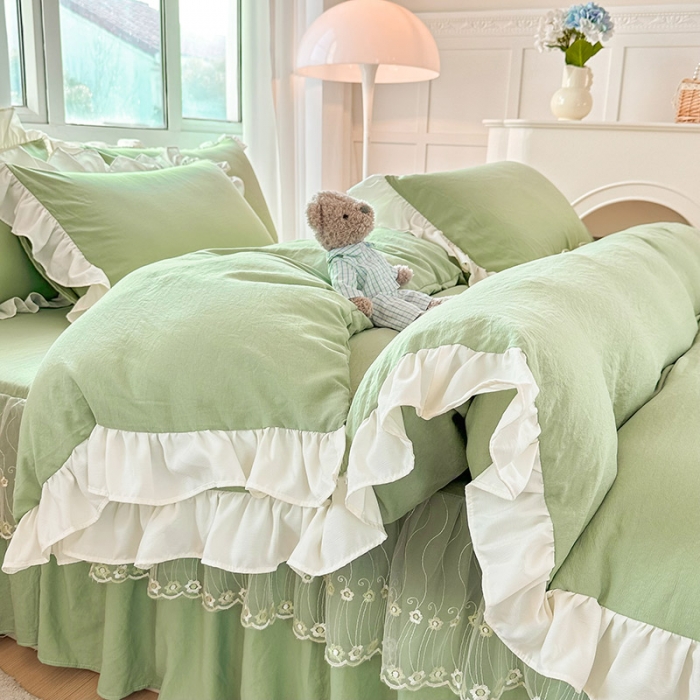 91家纺网 家纺一手货源 找家纺 言熙居 2023新款A类清新风床裙四件套 云水绿