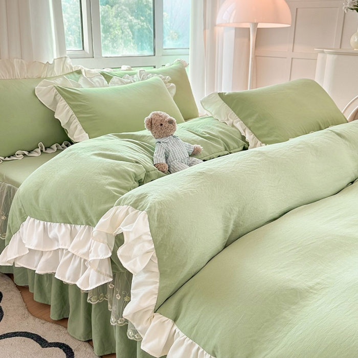 91家纺网 家纺一手货源 找家纺 言熙居 2023新款A类清新风床裙四件套 云水绿