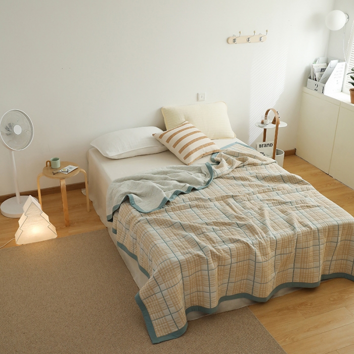 91家纺网 家纺一手货源 找家纺 吾秀  2023 A类色织全棉针织提花盖毯 彩格千鸟格-黄