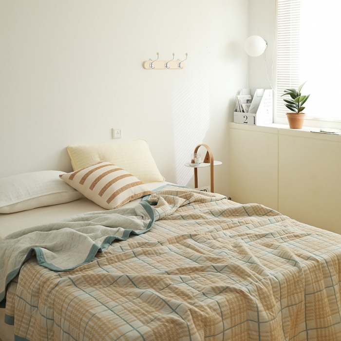 91家纺网 家纺一手货源 找家纺 吾秀  2023 A类色织全棉针织提花盖毯 彩格千鸟格-黄