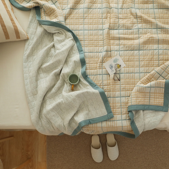 91家纺网 家纺一手货源 找家纺 吾秀  2023 A类色织全棉针织提花盖毯 彩格千鸟格-黄