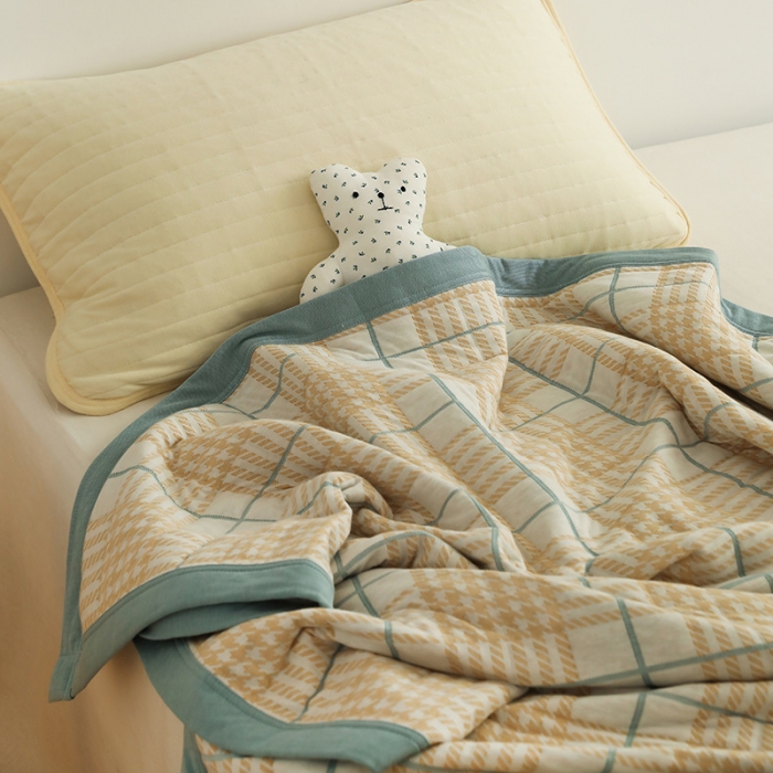 91家纺网 家纺一手货源 找家纺 吾秀  2023 A类色织全棉针织提花盖毯 彩格千鸟格-黄