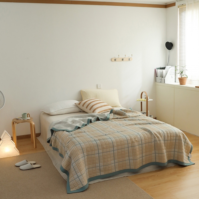 91家纺网 家纺一手货源 找家纺 吾秀  2023 A类色织全棉针织提花盖毯 彩格千鸟格-黄