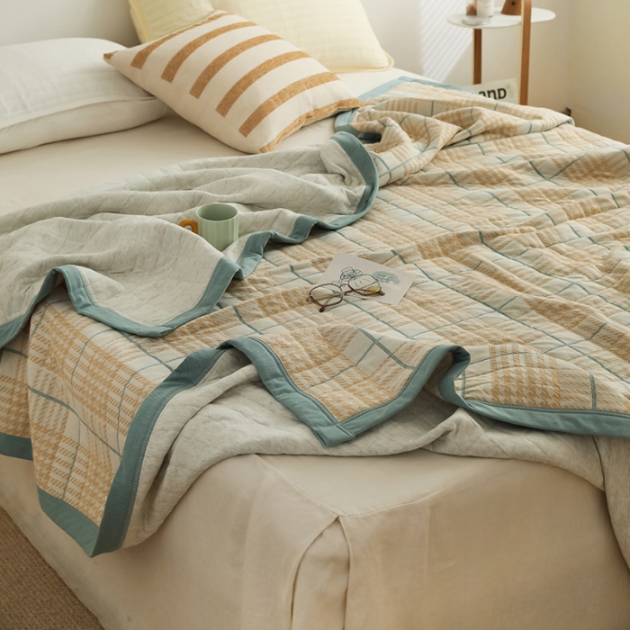 91家纺网 家纺一手货源 找家纺 吾秀  2023 A类色织全棉针织提花盖毯 彩格千鸟格-黄