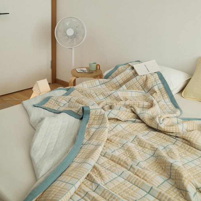 91家纺网 家纺一手货源 找家纺 吾秀  2023 A类色织全棉针织提花盖毯 彩线千鸟格-黄