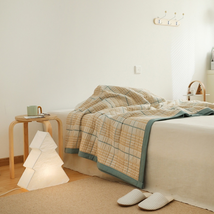 91家纺网 家纺一手货源 找家纺 吾秀  2023 A类色织全棉针织提花盖毯 彩线千鸟格-黄