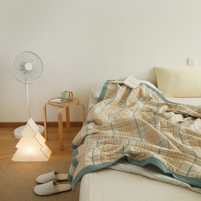 91家纺网 家纺一手货源 找家纺 吾秀  2023 A类色织全棉针织提花盖毯 彩线千鸟格-黄