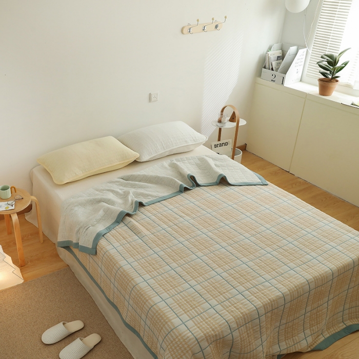 91家纺网 家纺一手货源 找家纺 吾秀  2023 A类色织全棉针织提花盖毯 彩线千鸟格-黄