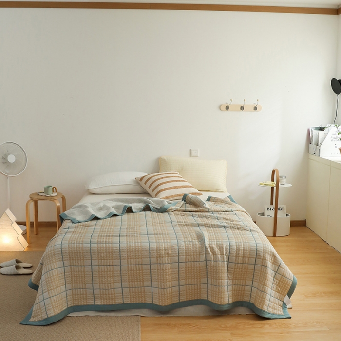 91家纺网 家纺一手货源 找家纺 吾秀  2023 A类色织全棉针织提花盖毯 彩线千鸟格-黄