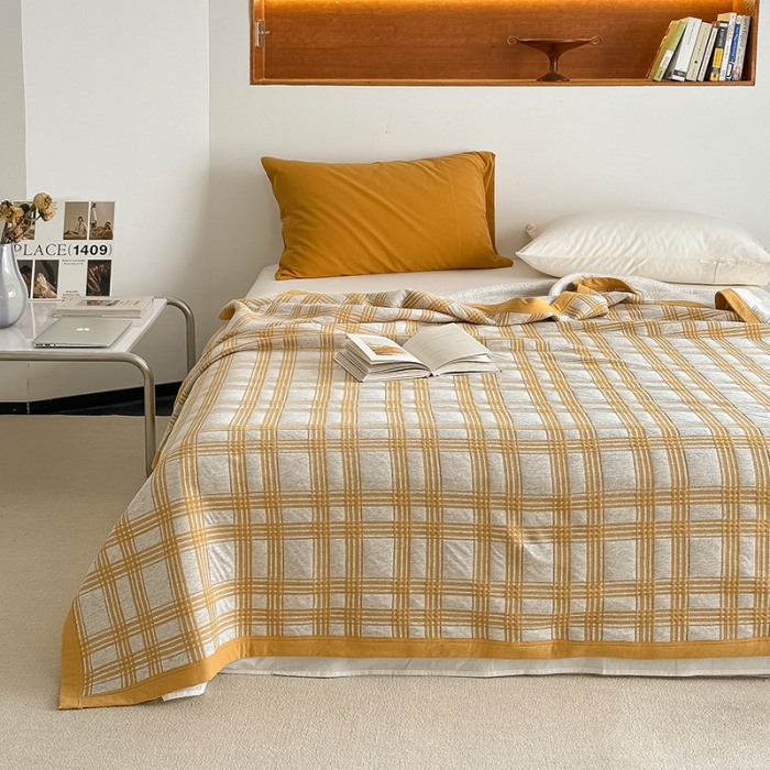 91家纺网 家纺一手货源 找家纺 吾秀  2023 A类色织全棉针织提花盖毯 方格-黄