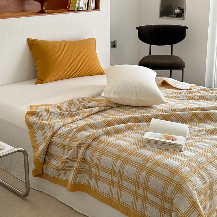 91家纺网 家纺一手货源 找家纺 吾秀  2023 A类色织全棉针织提花盖毯 方格-黄