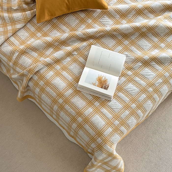 91家纺网 家纺一手货源 找家纺 吾秀  2023 A类色织全棉针织提花盖毯 方格-黄
