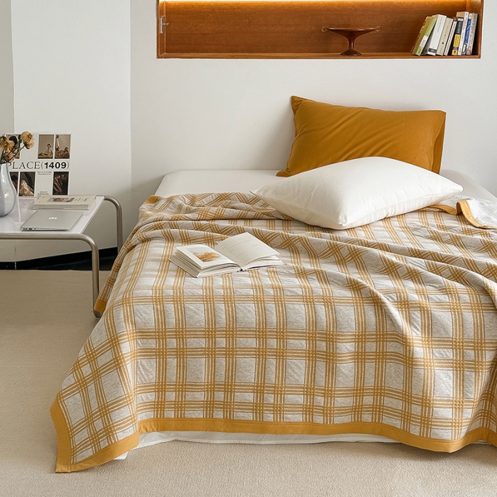 91家纺网 家纺一手货源 找家纺 吾秀  2023 A类色织全棉针织提花盖毯 方格-黄