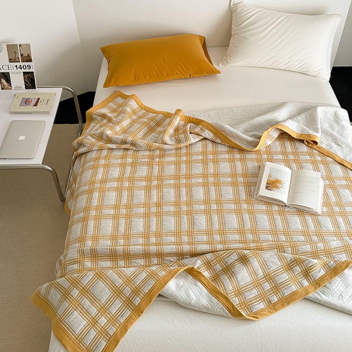 91家纺网 家纺一手货源 找家纺 吾秀  2023 A类色织全棉针织提花盖毯 方格-黄