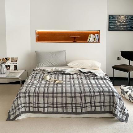 吾秀  2023 A类色织全棉针织提花盖毯 方格-深灰