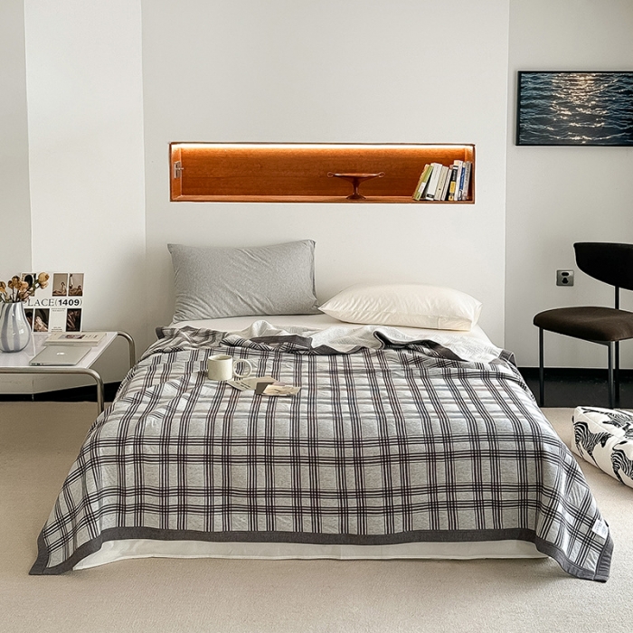 91家纺网 家纺一手货源 找家纺 吾秀  2023 A类色织全棉针织提花盖毯 方格-深灰