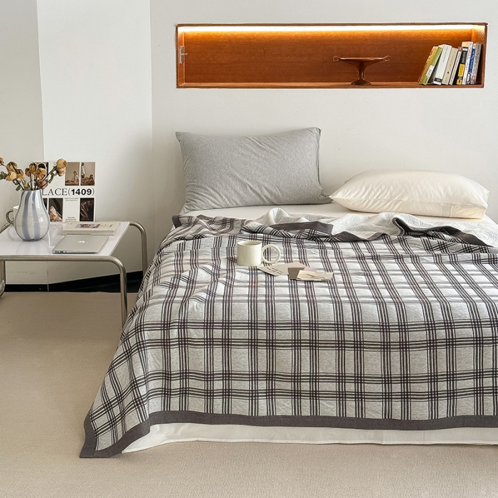 91家纺网 家纺一手货源 找家纺 吾秀  2023 A类色织全棉针织提花盖毯 方格-深灰